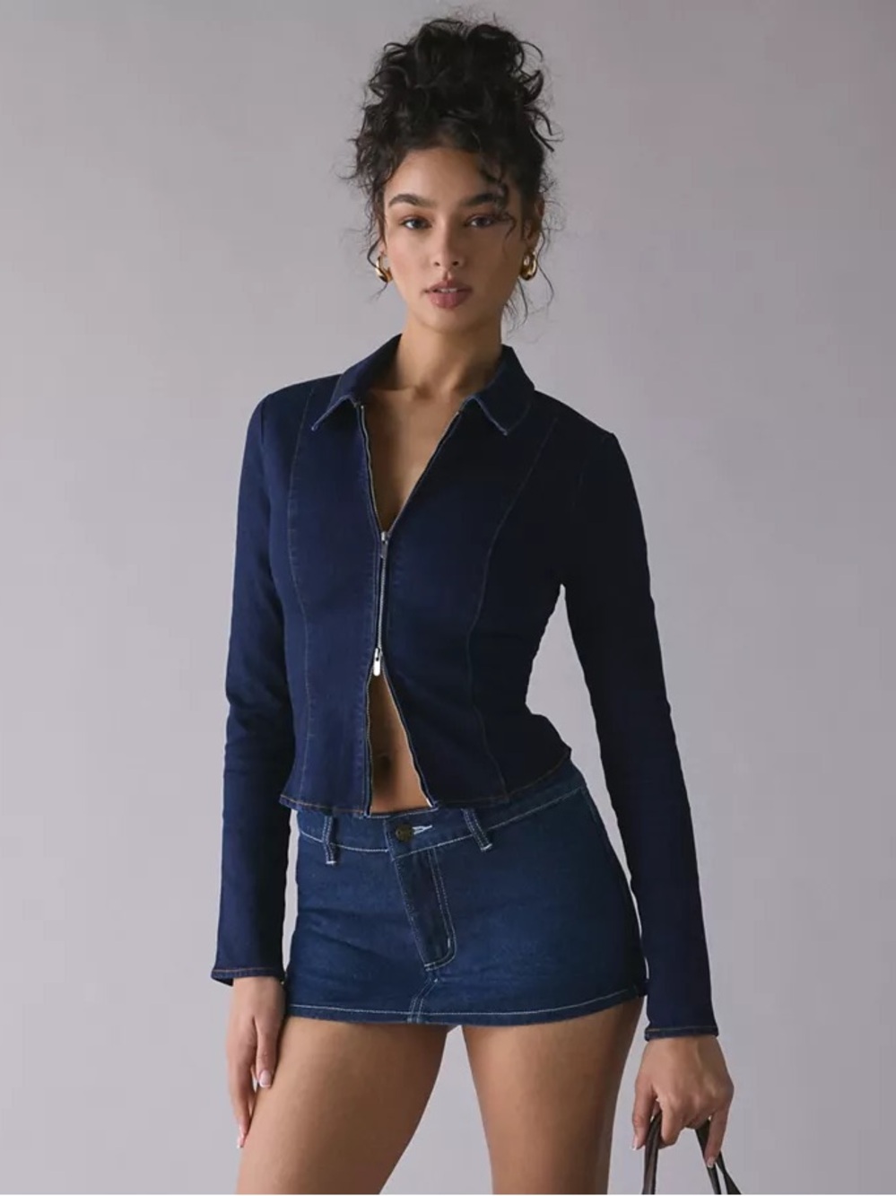 Urban Outfitters | UO Ledia Slim Long Sleeve Zip-Front Denim Shirt Y2K New Small